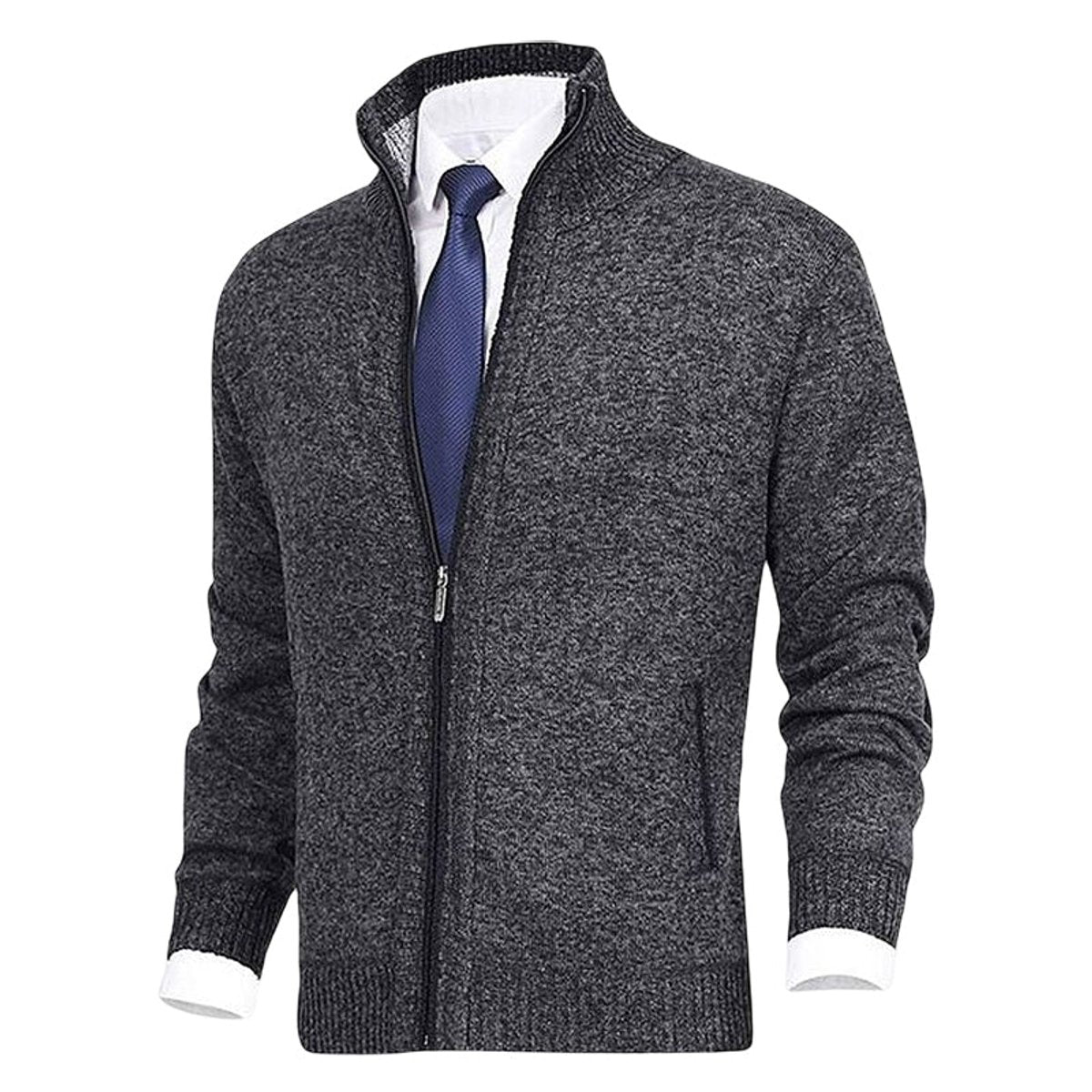 Men's Fleece-Lined Zip-Up Stand Collar Cardigan