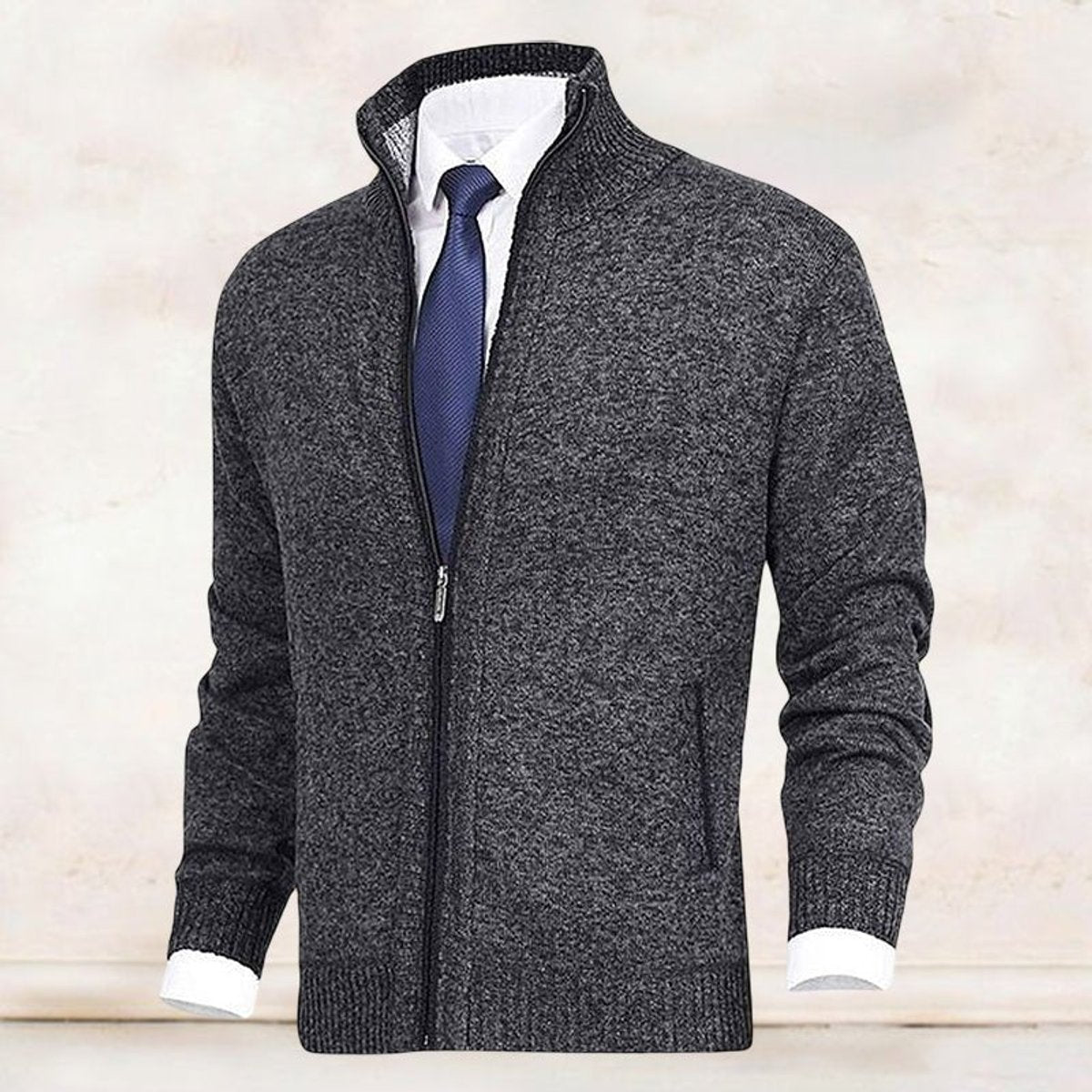 Men's Fleece-Lined Zip-Up Stand Collar Cardigan