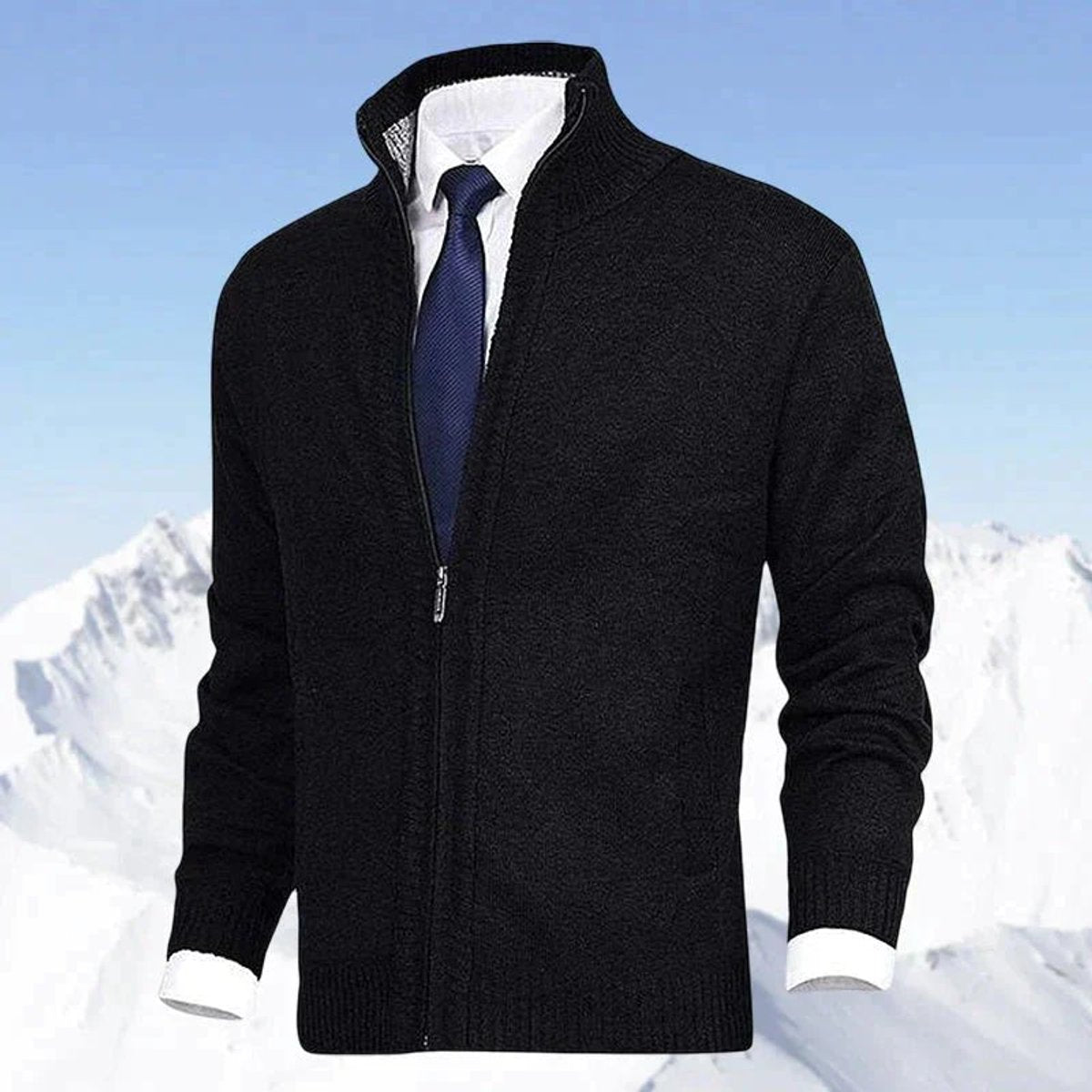 Men's Fleece-Lined Zip-Up Stand Collar Cardigan - Black