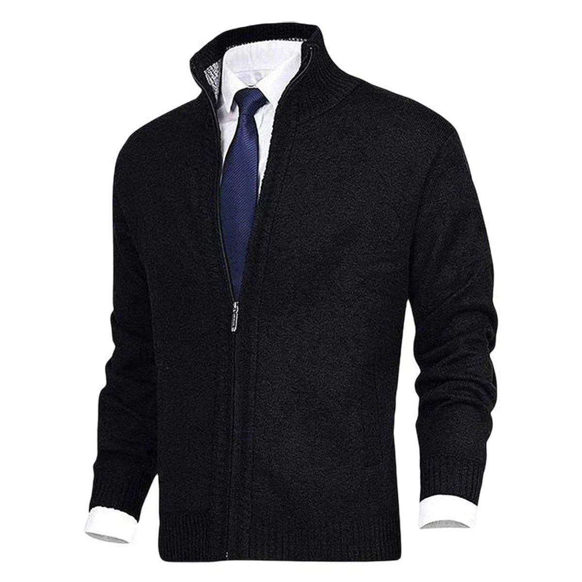 Men's Fleece-Lined Zip-Up Stand Collar Cardigan