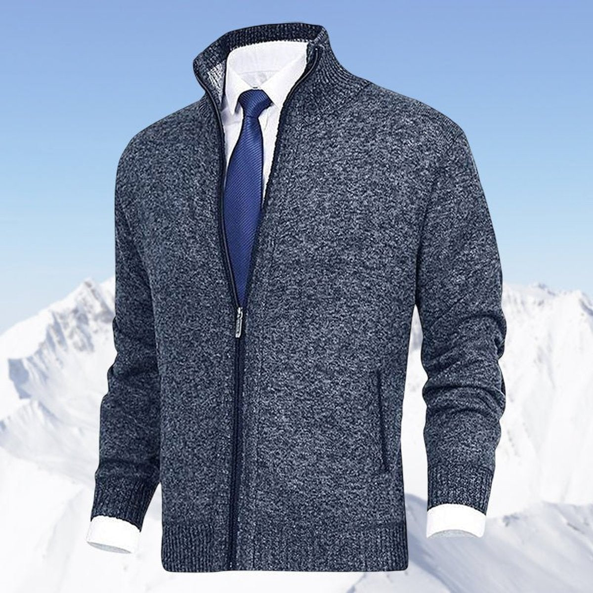 Men's Fleece-Lined Zip-Up Stand Collar Cardigan - Blue