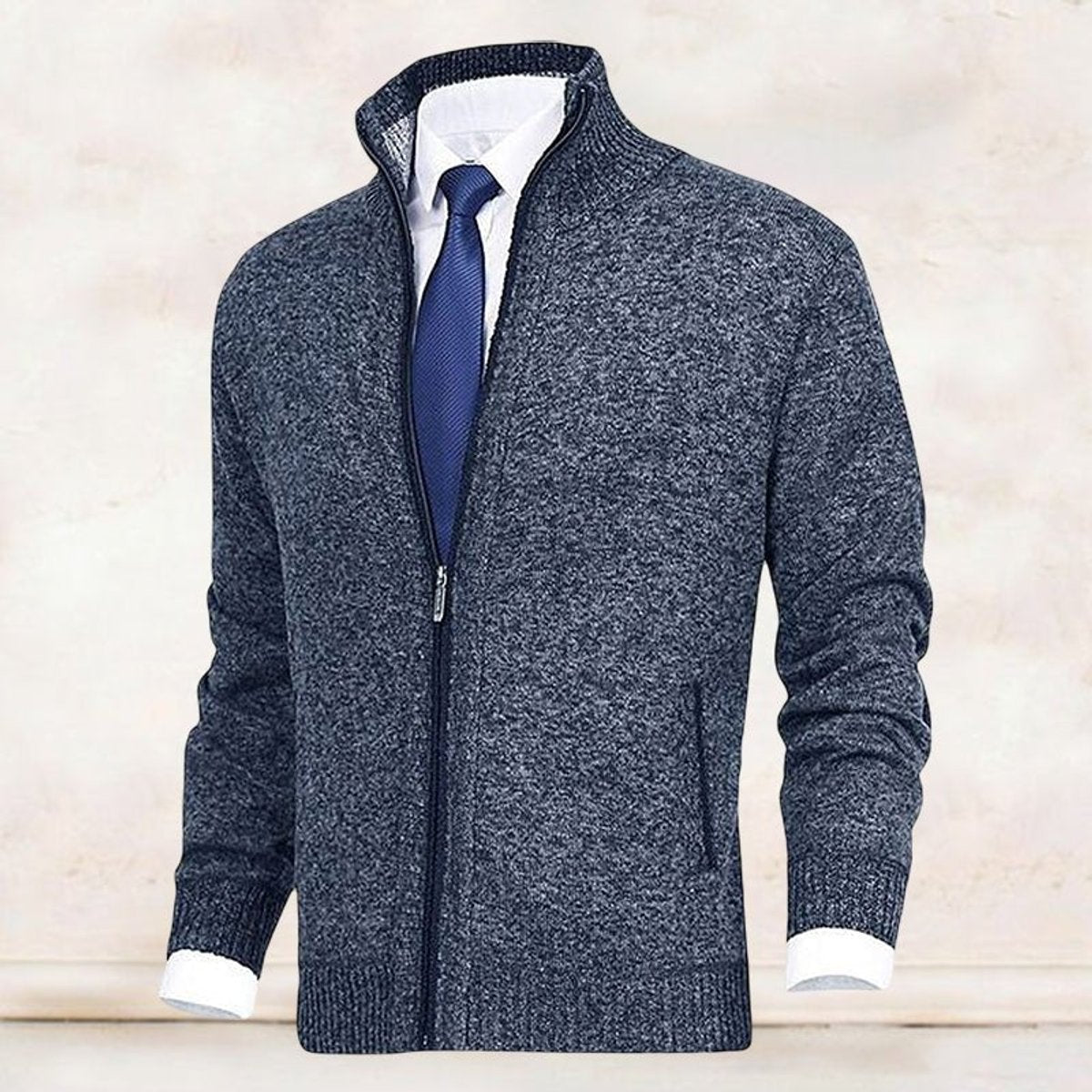 Men's Fleece-Lined Zip-Up Stand Collar Cardigan