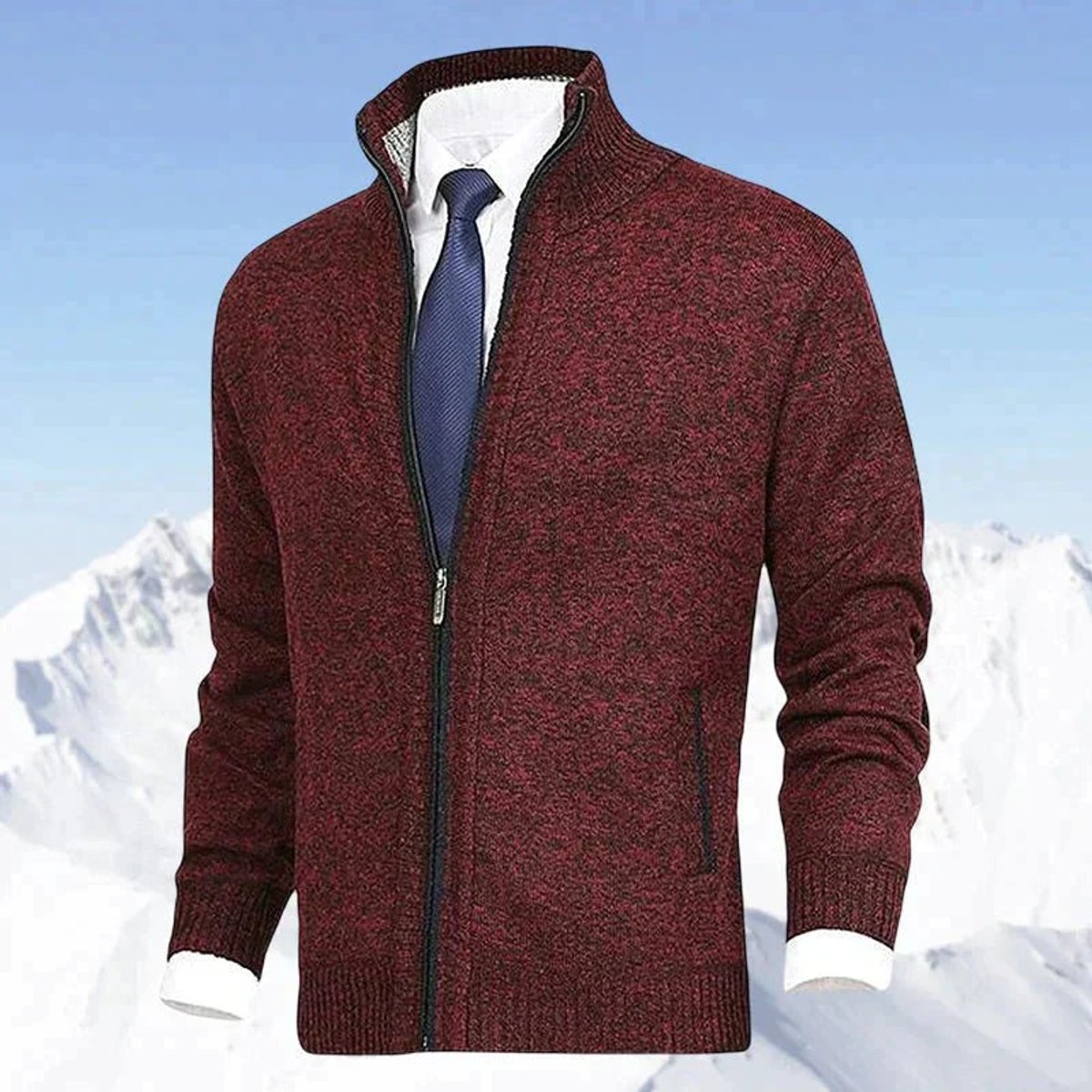 Men's Fleece-Lined Zip-Up Stand Collar Cardigan - Red