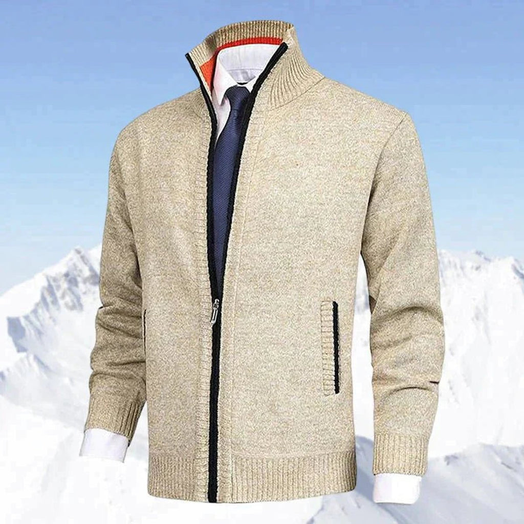 Men's Fleece-Lined Zip-Up Stand Collar Cardigan - Beige