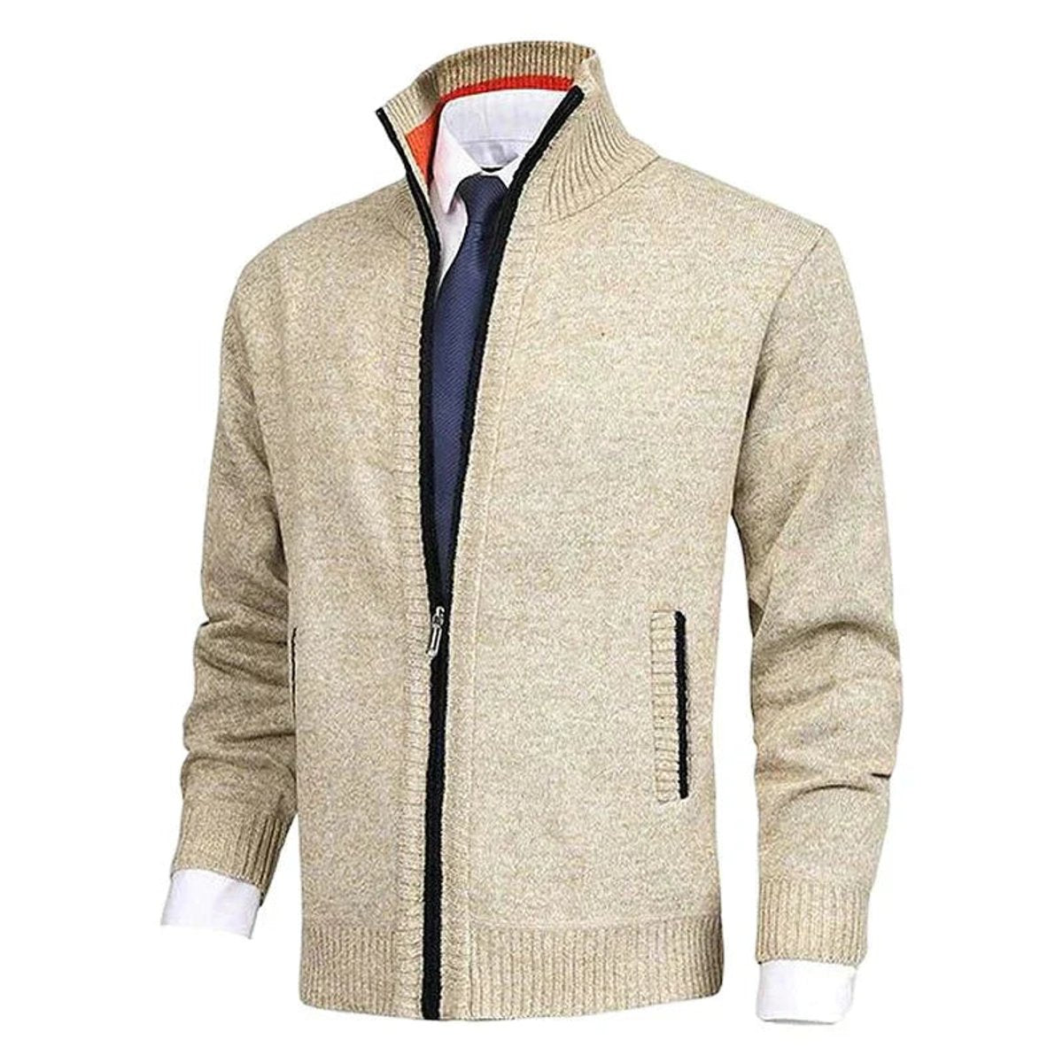Men's Fleece-Lined Zip-Up Stand Collar Cardigan