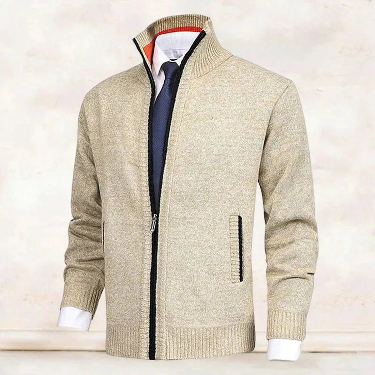 Men's Fleece-Lined Zip-Up Stand Collar Cardigan