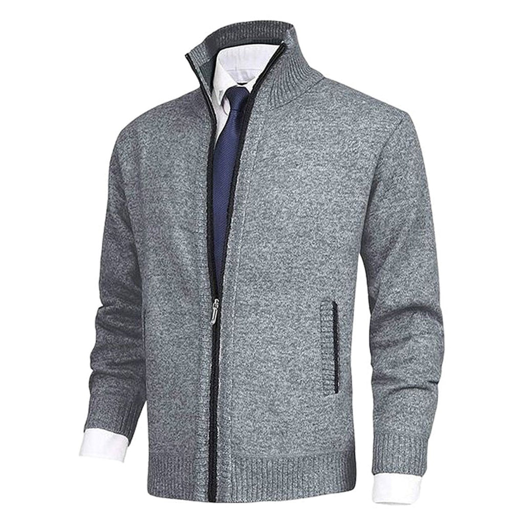 Men's Fleece-Lined Zip-Up Stand Collar Cardigan