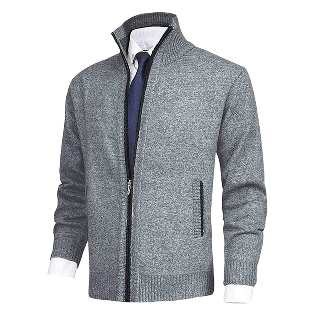 Men's Fleece-Lined Zip-Up Stand Collar Cardigan