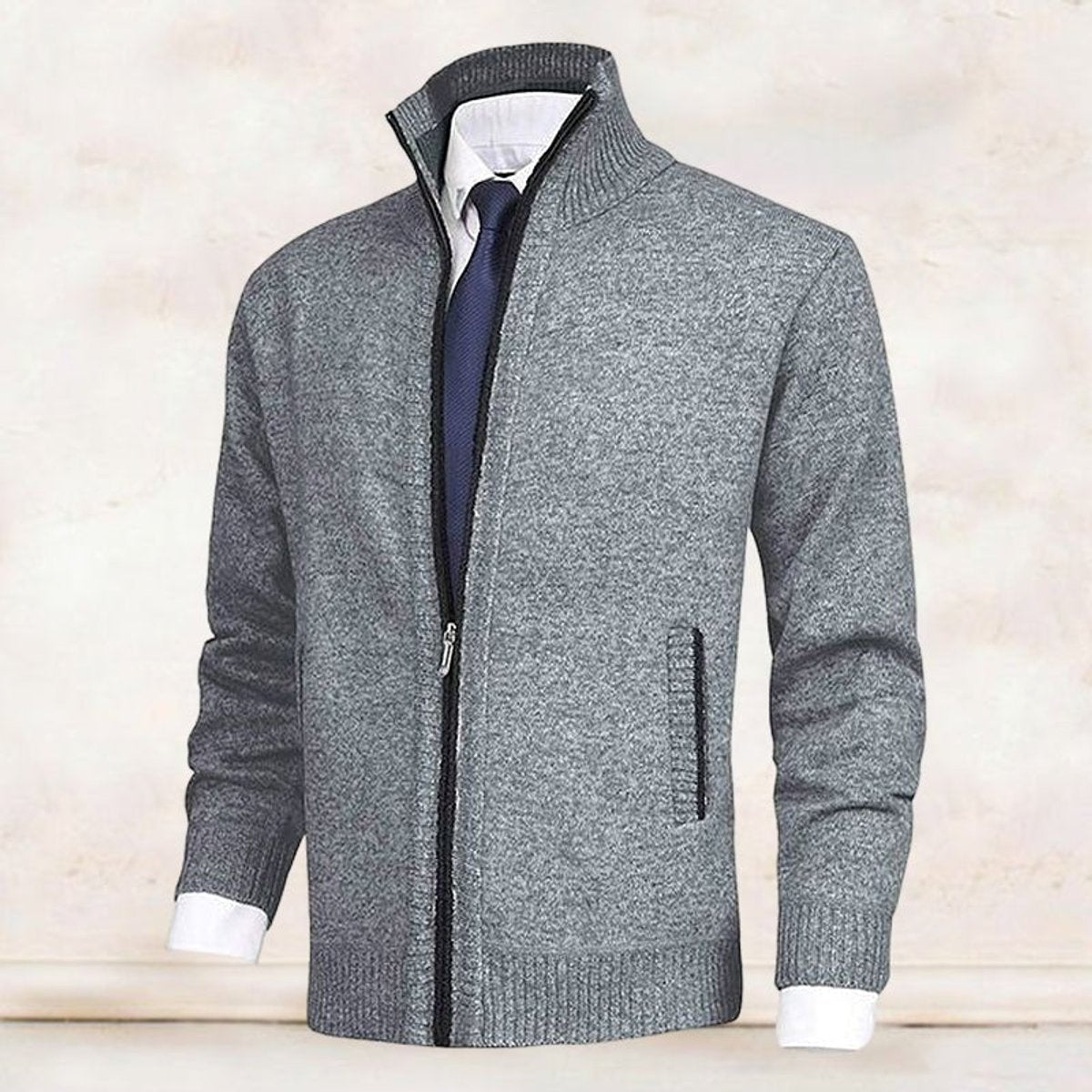 Men's Fleece-Lined Zip-Up Stand Collar Cardigan