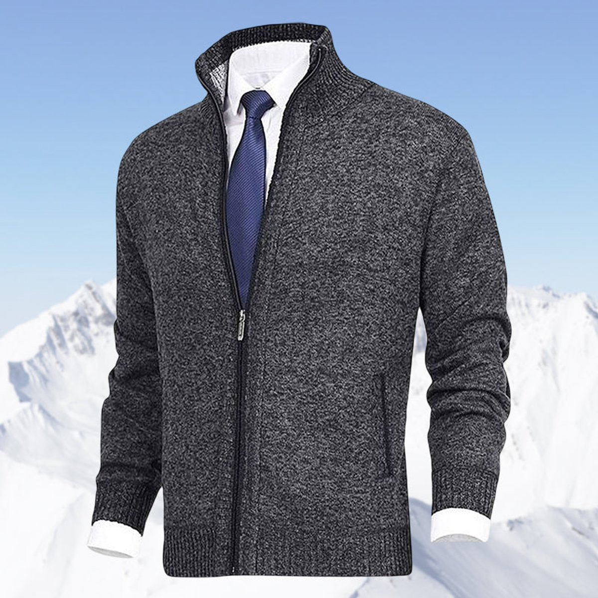Men's Fleece-Lined Zip-Up Stand Collar Cardigan - Dark Gray