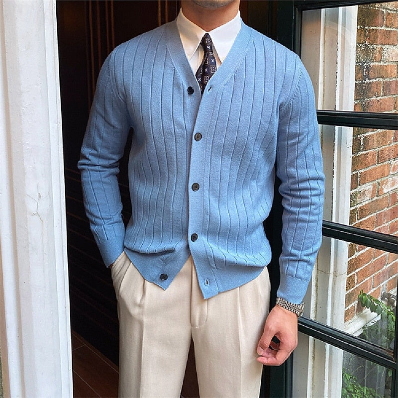 Men's Ribbed V-Neck Button-Front Cardigan - Blue