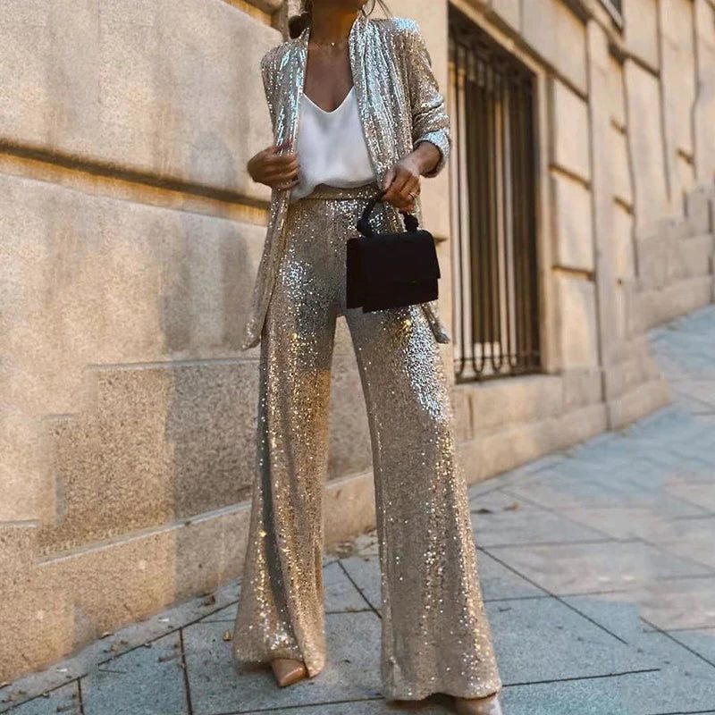 Women's Sequin Cardigan and High-Waisted Wide-Leg Pants Set - Apricot