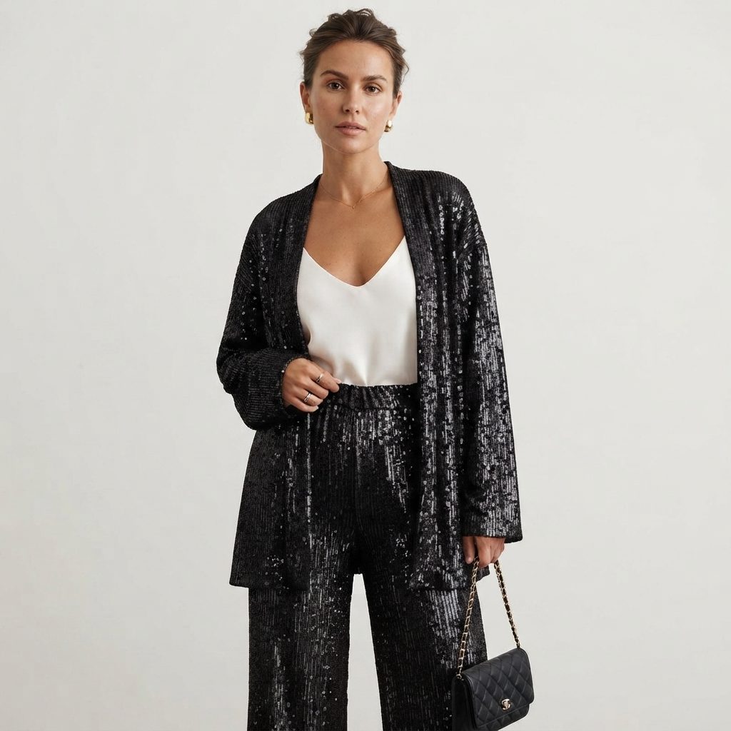 Women's Sequin Cardigan and High-Waisted Wide-Leg Pants Set - Black