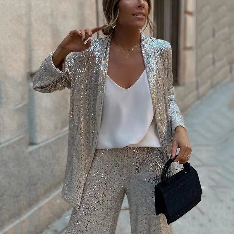 Women's Sequin Cardigan and High-Waisted Wide-Leg Pants Set - Silver
