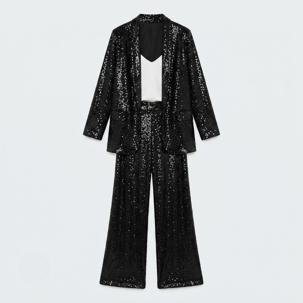 Women's Sequin Cardigan and High-Waisted Wide-Leg Pants Set