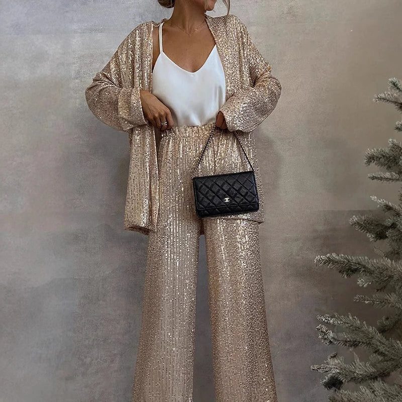 Women's Sequin Cardigan and High-Waisted Wide-Leg Pants Set