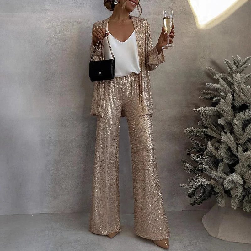 Women's Sequin Cardigan and High-Waisted Wide-Leg Pants Set