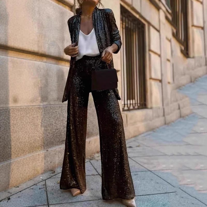 Women's Sequin Cardigan and High-Waisted Wide-Leg Pants Set