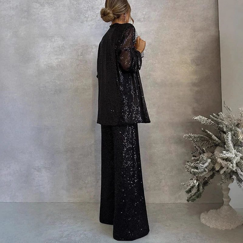 Women's Sequin Cardigan and High-Waisted Wide-Leg Pants Set