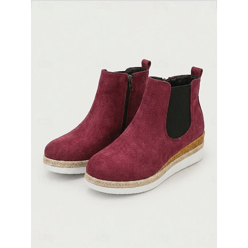 Women's Wedge Chelsea Ankle Boots with Braided Trim - Burgundy