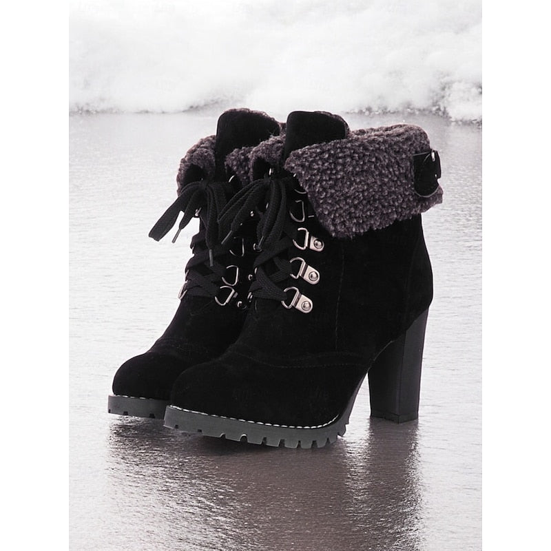 Women's Plush-Lined Lace-Up Winter Boots with Chunky Heel