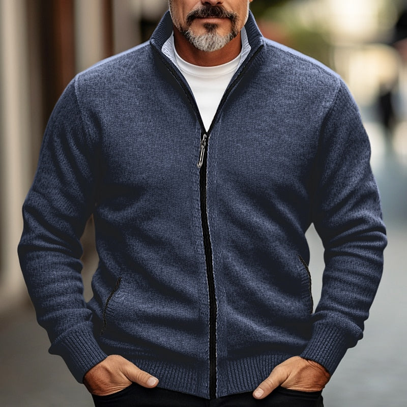 Men's Stand-Collar Full-Zip Knit Cardigan - Blue