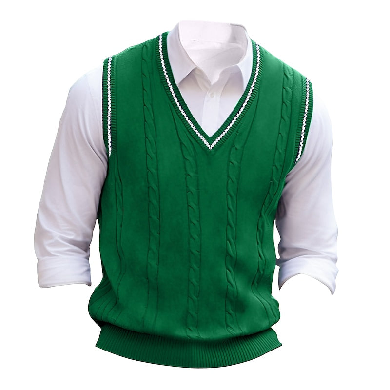 Men's Cable-Knit V-Neck Sweater Vest - Green