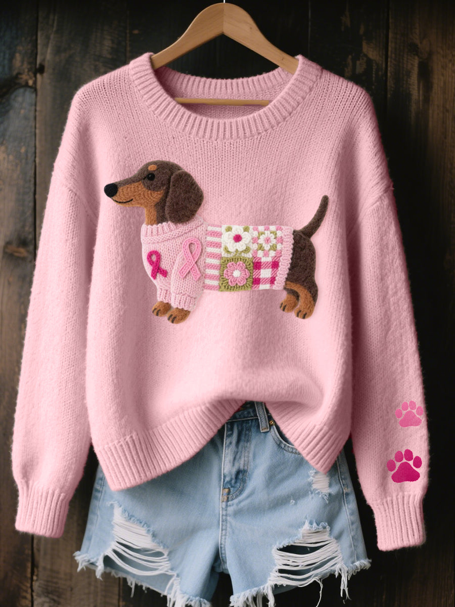 Women's Dachshund Graphic Knit Sweater - Pink