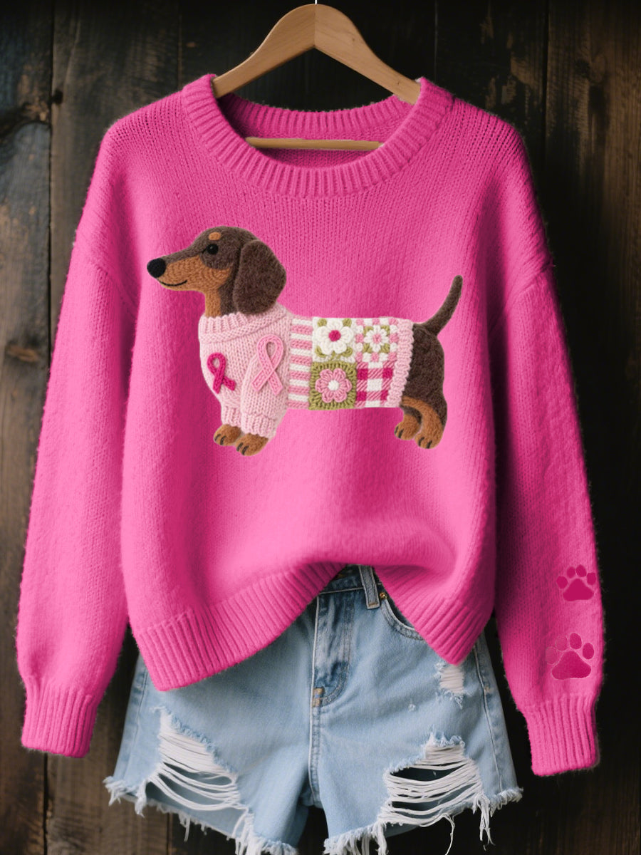Women's Dachshund Graphic Knit Sweater - Dark Pink