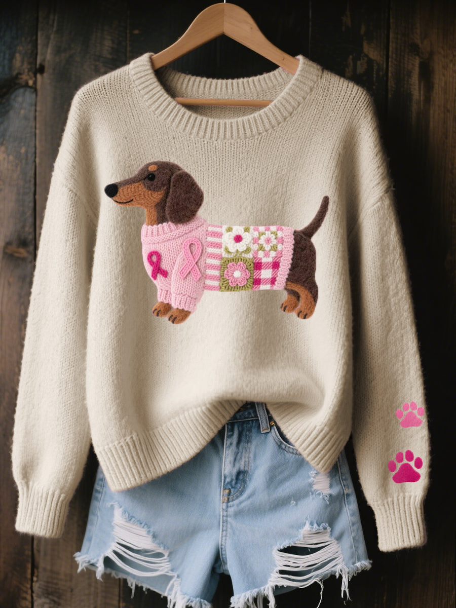 Women's Dachshund Graphic Knit Sweater - Beige