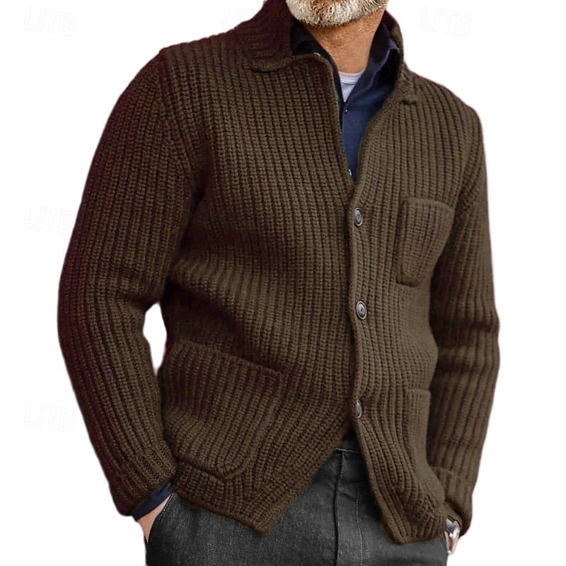 Men's Ribbed Stand-Collar Button Cardigan with Pockets