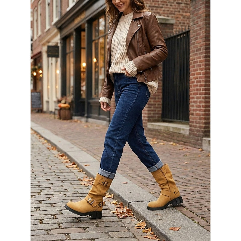 Women's Block Heel Moto Boots with Lug Sole