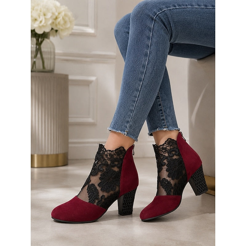 Women's Floral Lace Block Heel Ankle Boots - Wine