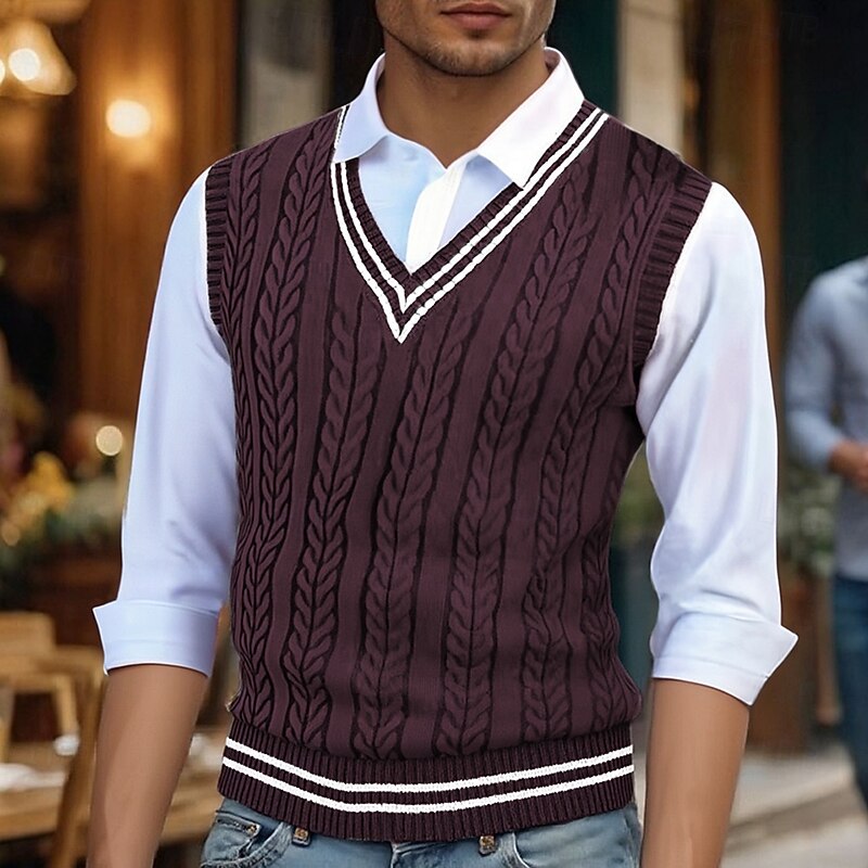 Men's Striped Cable-Knit V-Neck Vest