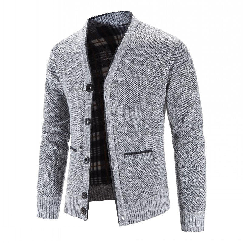 Men's Lined V-Neck Button-Front Cardigan with Pockets - Light Gray