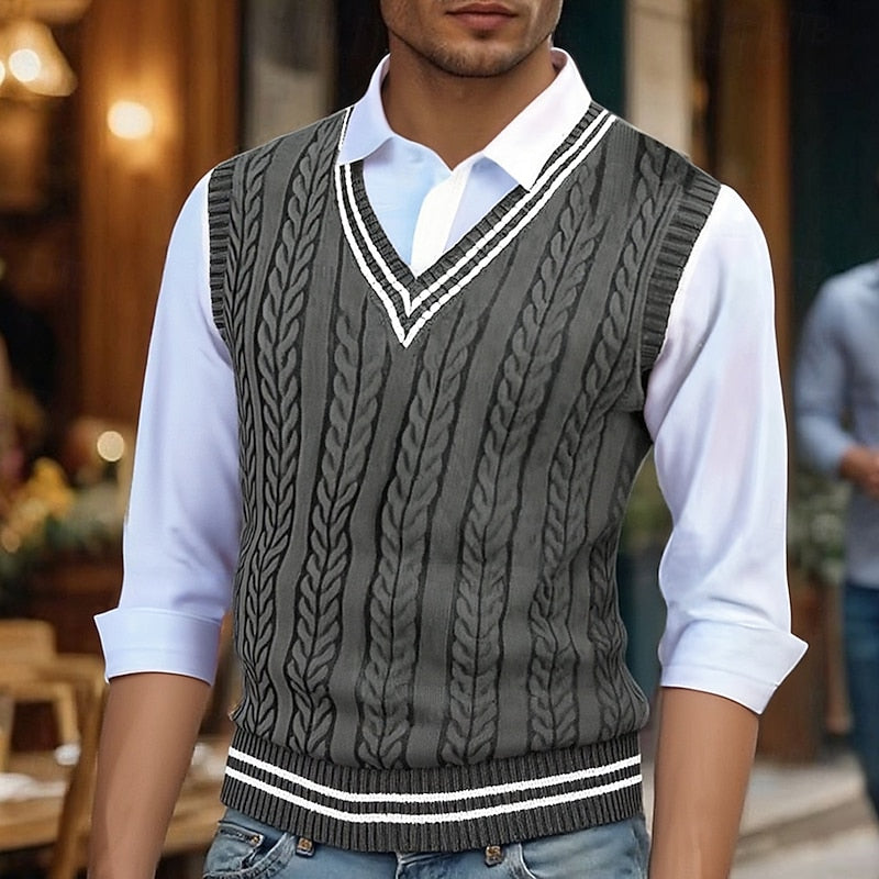 Men's Striped Cable-Knit V-Neck Vest - Black