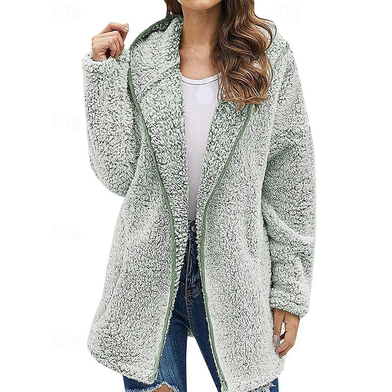 Women's Plush Hooded Zip-Up Jacket - Light Green