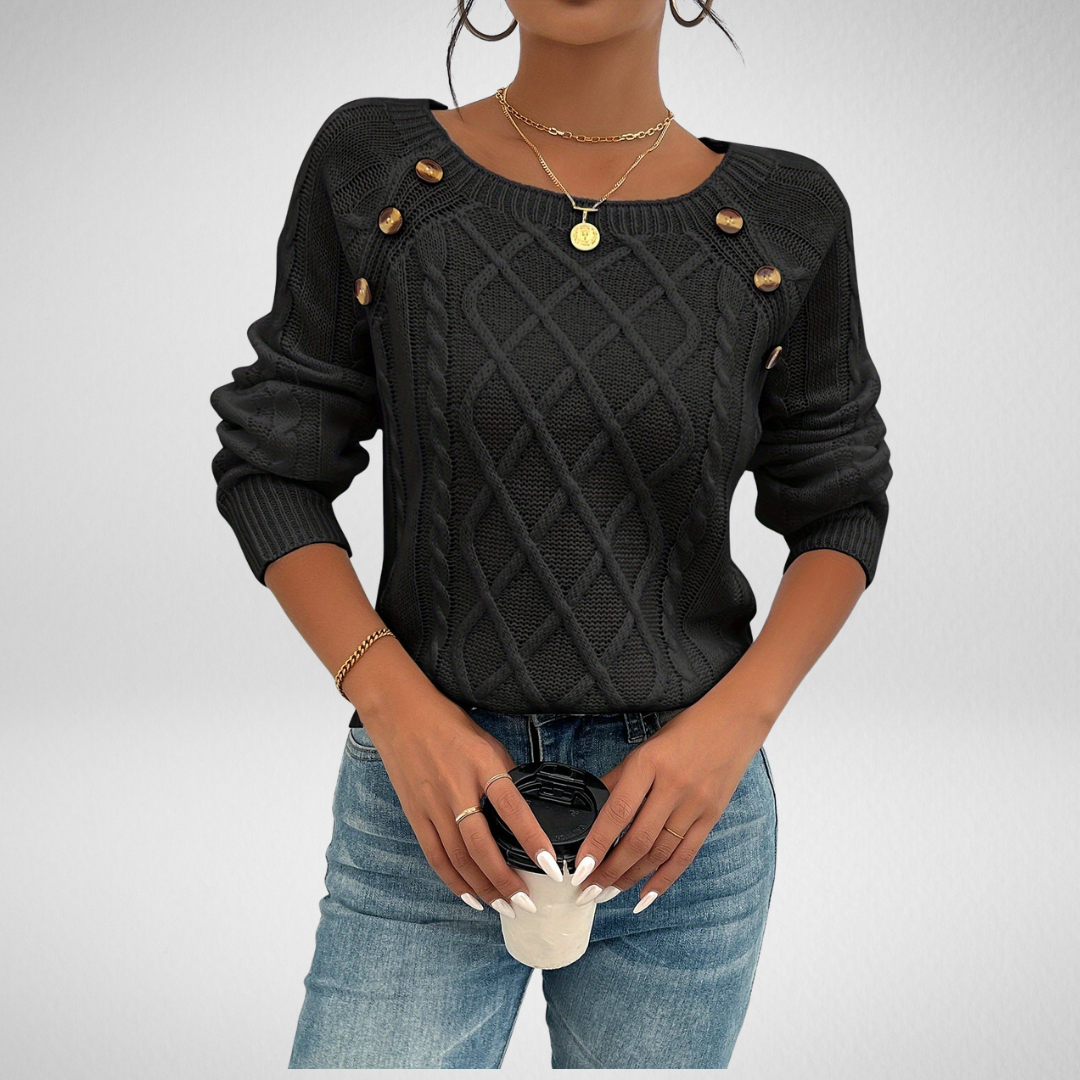 Women's Cable-Knit Pullover Sweater with Shoulder Buttons