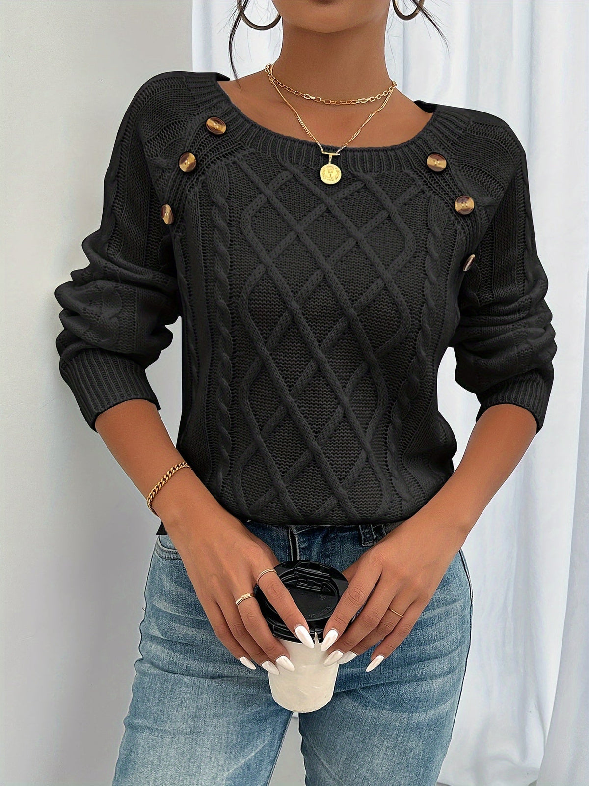Women's Cable-Knit Pullover Sweater with Shoulder Buttons - Black