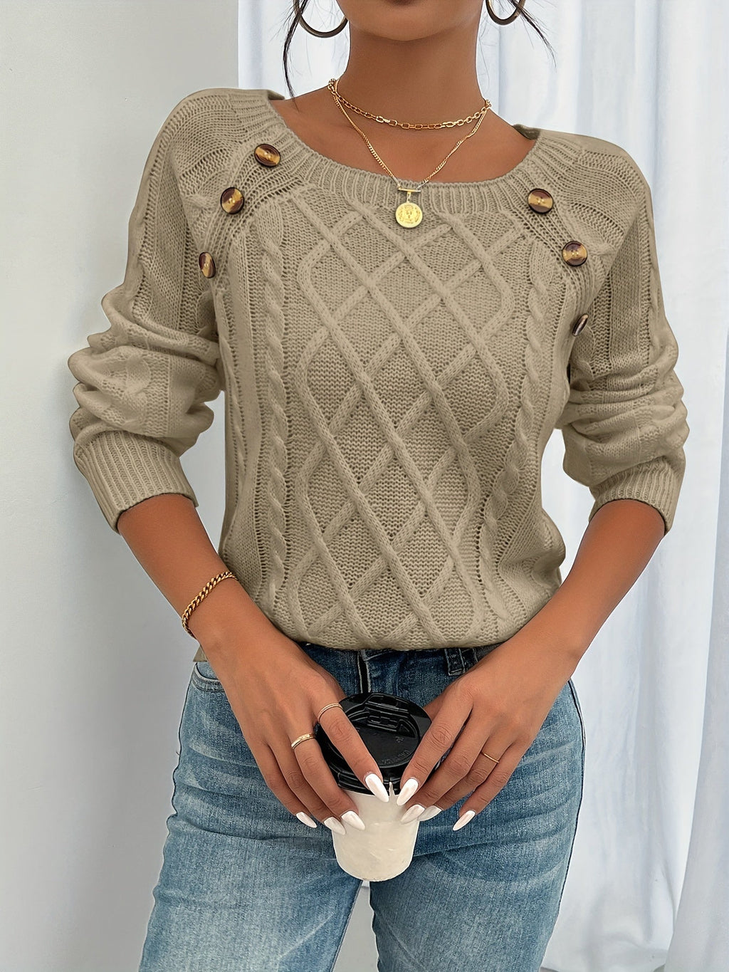 Women's Cable-Knit Pullover Sweater with Shoulder Buttons