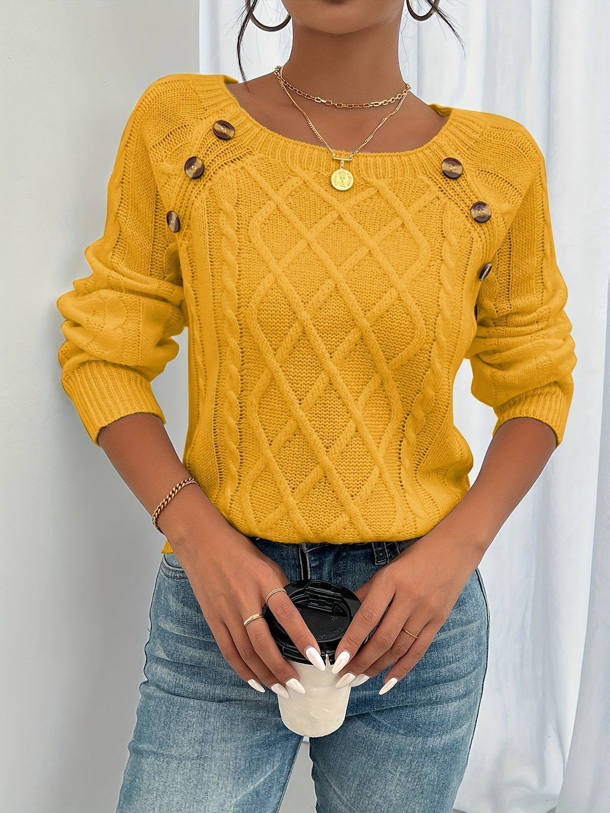 Women's Cable-Knit Pullover Sweater with Shoulder Buttons - Yellow