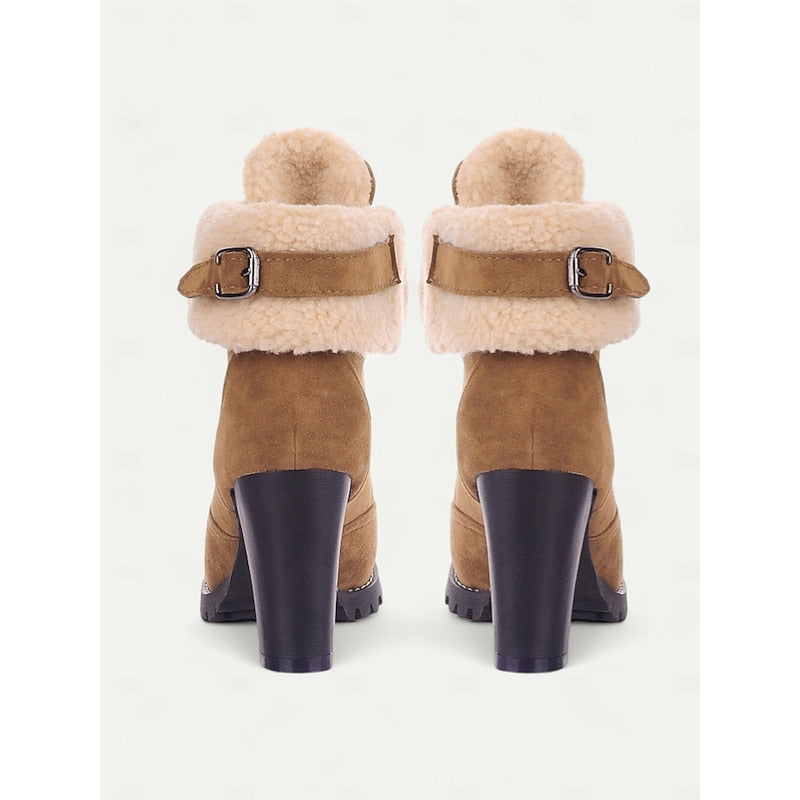 Women's Plush-Lined Lace-Up Winter Boots with Chunky Heel