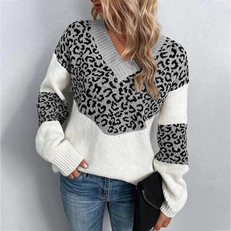 Women's Leopard Print V-Neck Sweater
