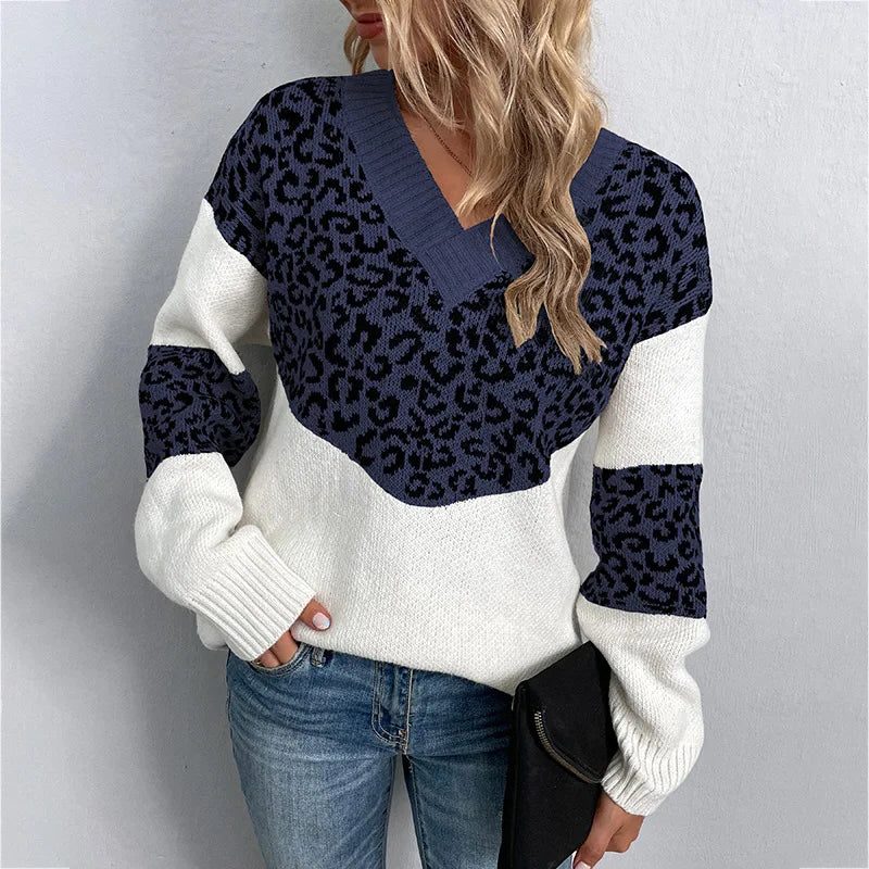 Women's Leopard Print V-Neck Sweater