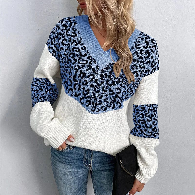 Women's Leopard Print V-Neck Sweater