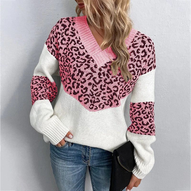 Women's Leopard Print V-Neck Sweater