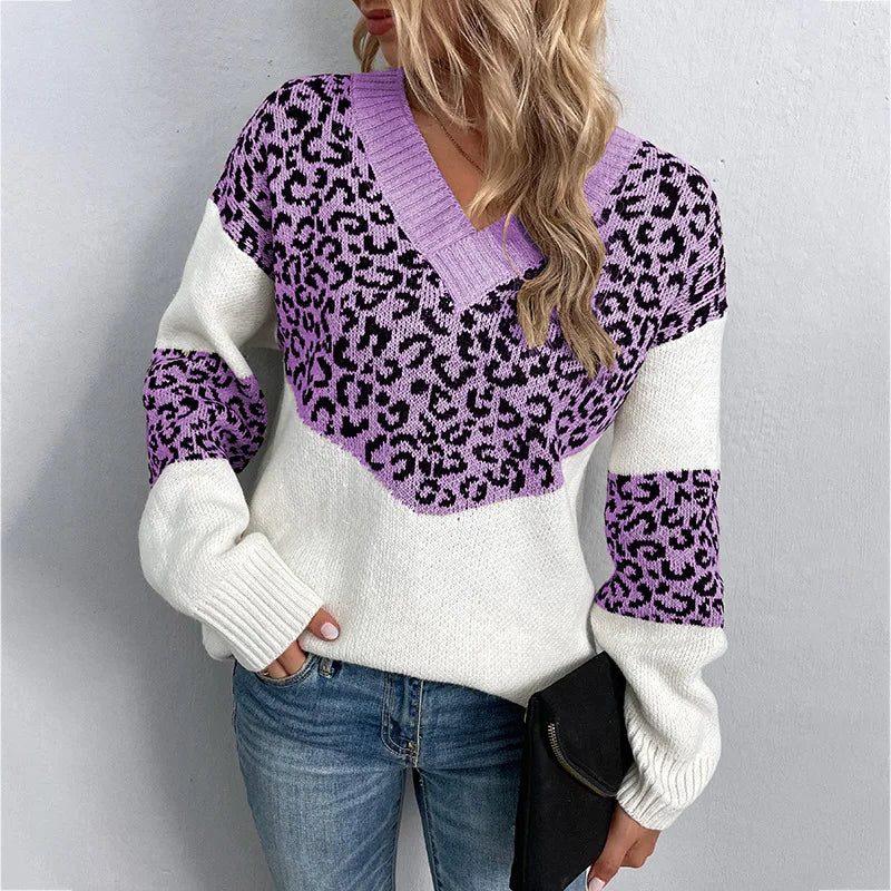 Women's Leopard Print V-Neck Sweater