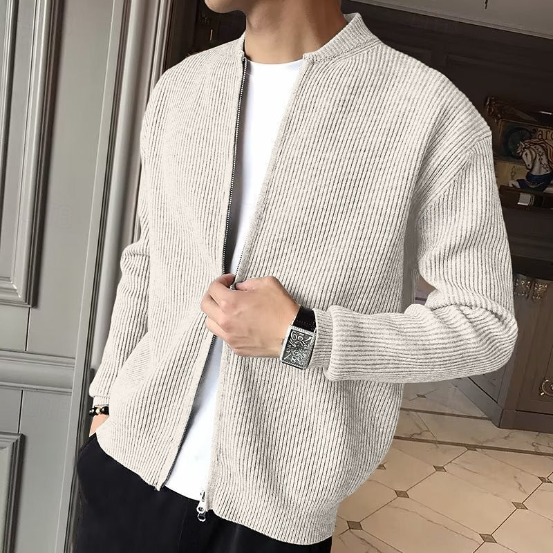 Men's Standing Collar Zip Cardigan - Beige