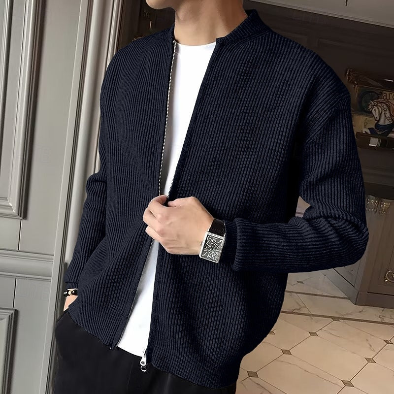 Men's Standing Collar Zip Cardigan - Black