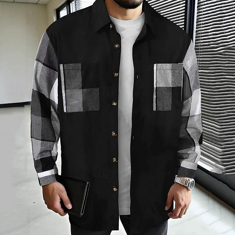 Men's Patchwork Contrast-Panel Shirt Jacket - Black